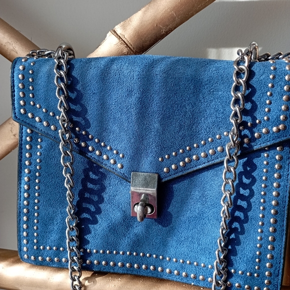 Blue Faux Suede and Faux Leather Sling Bag - Picture 8 of 11